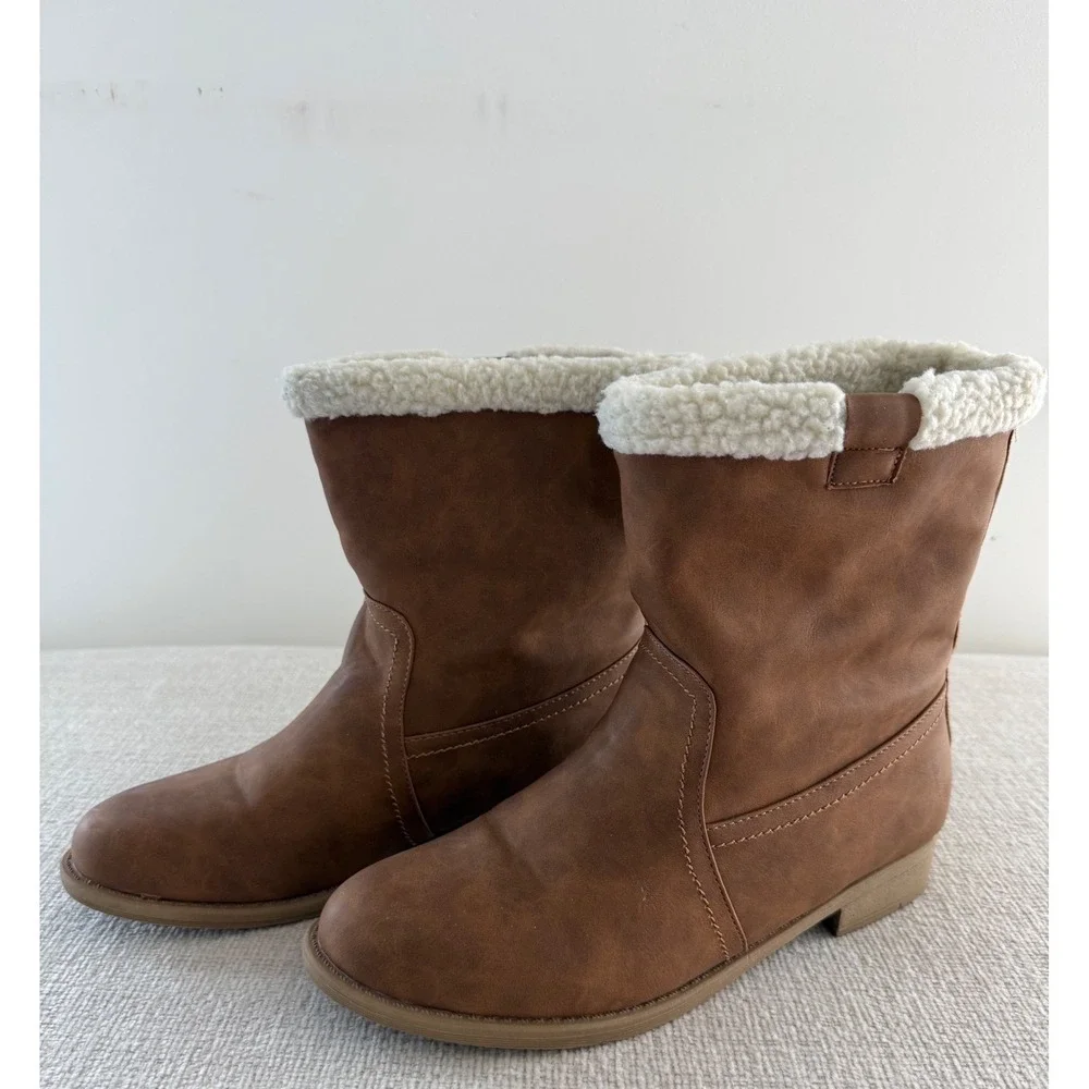 Jands Women's Brown Faux Leather Mid-Calf Winter Boots Fleece Sherpa Trim Size 9